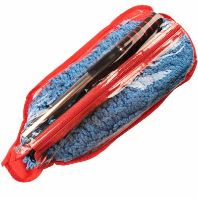 blue car duster in the packaging