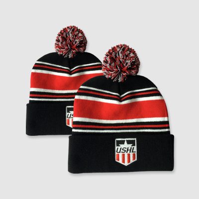 Striped Embroidered Custom Knit Beanie w/ Pom-Pom