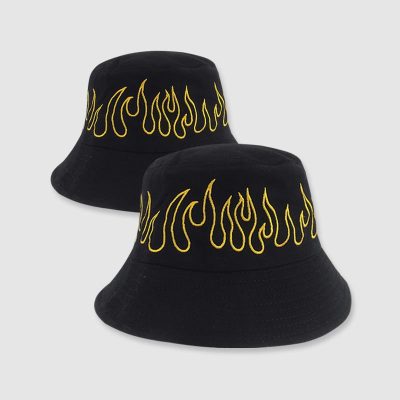 black bucket hat with golden print