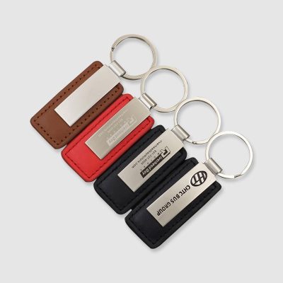 black red brown leather keychain with laser logo