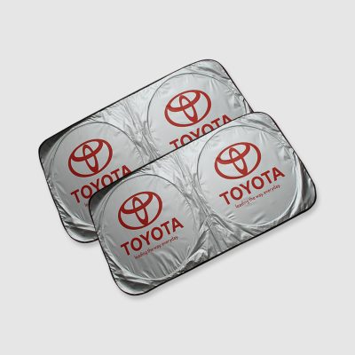 red print on silver sun shade, toyota